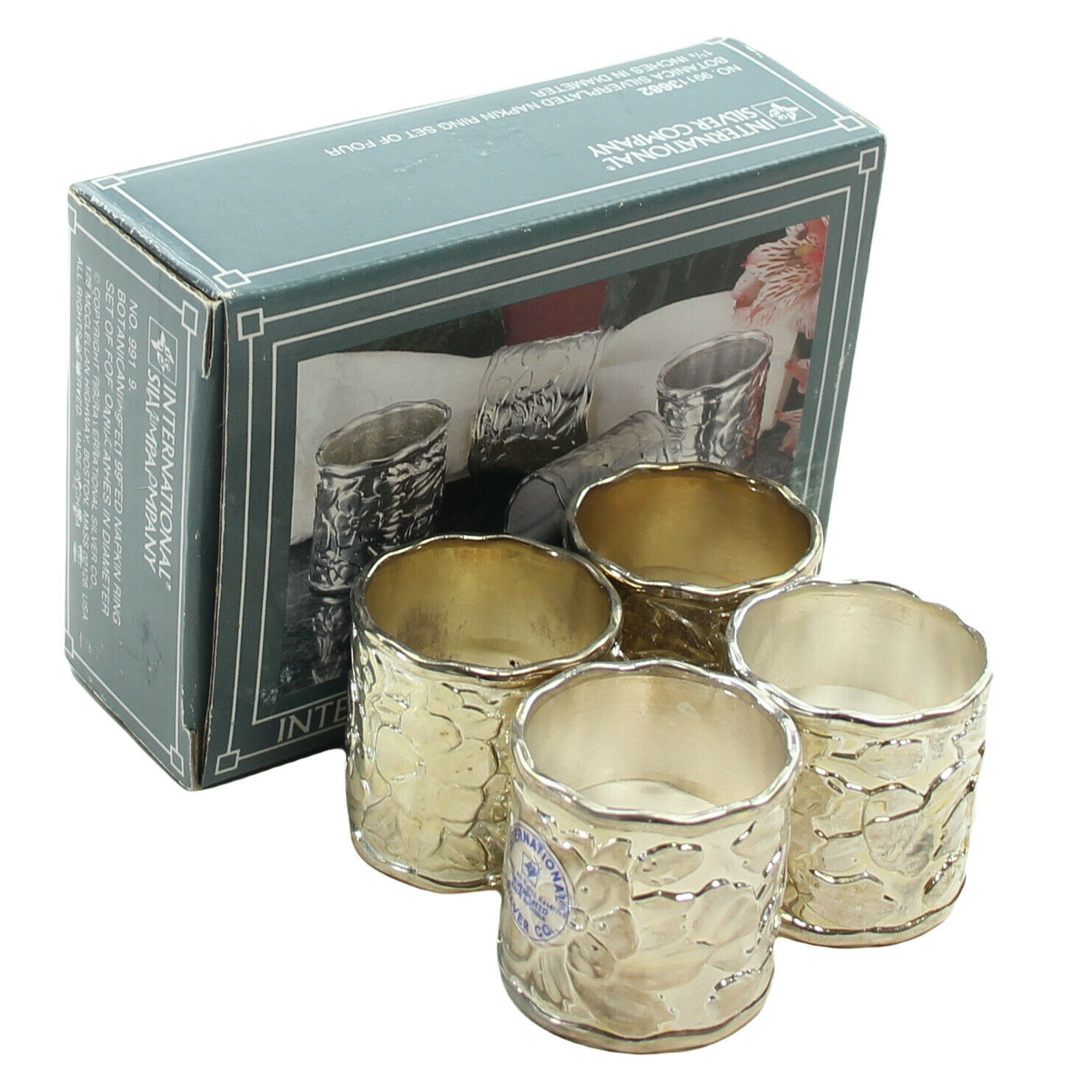 Primary image for International Silver Company Botanica Silverplated Set of 4 Napkin Ring Holders