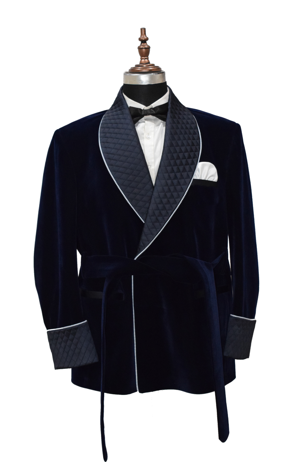 Men Navy Blue Smoking Jackets Designer Luxury Party Wear Quilted Blazers Coats