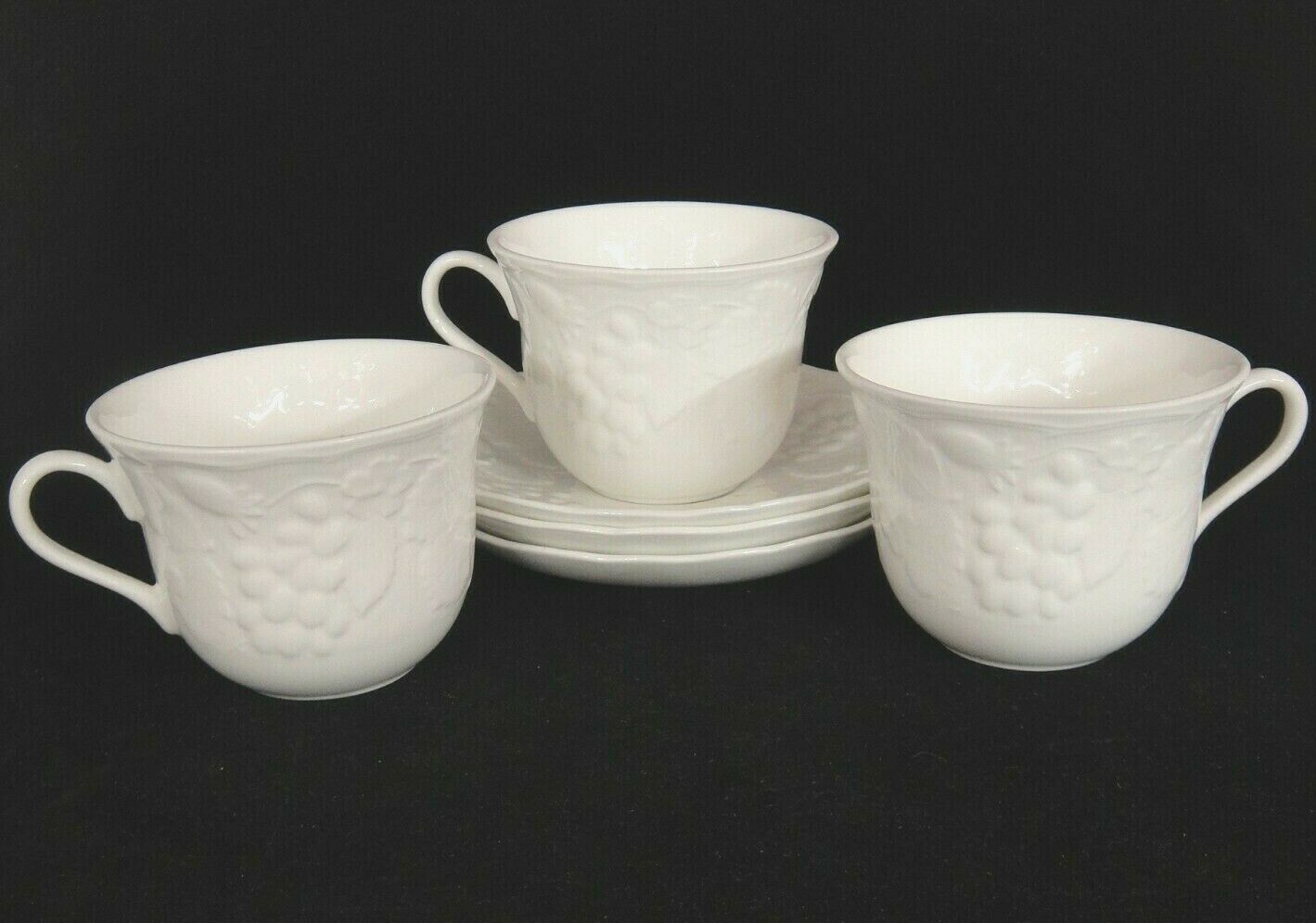 Primary image for Wedgwood Strawberry & Vine Lot of 3 Cups Saucers White Embossed Fruit England