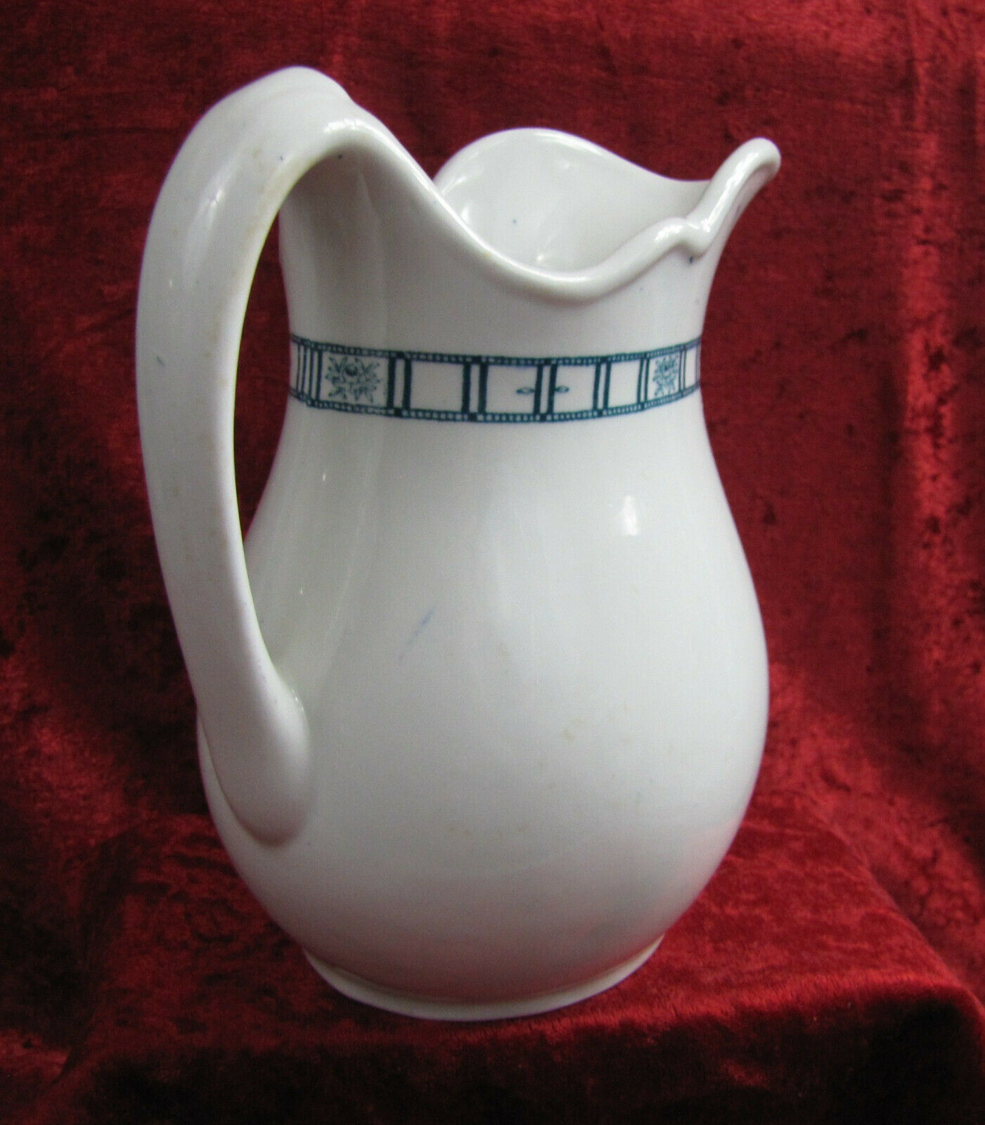 JACKSON CHINA, FALLS CREEK, PA WHITE CERAMIC PITCHER W/BLUE FLORAL