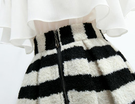Women Black White Striped Pleated Midi Skirt Winter Wool Pleated Party Skirt image 7