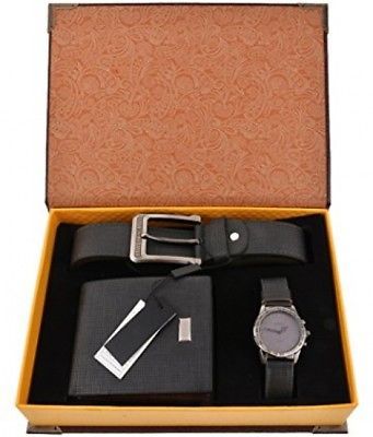 Souarts Mens Artificial Leather Quartz Analog Wrist Watch Belt Wallet Gift Set