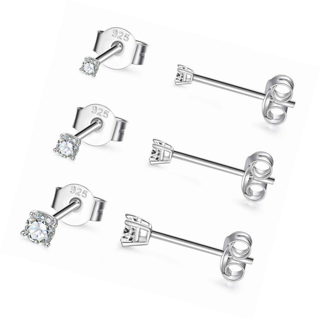 Sterling Silver Stud Earrings 3 Pairs Tiny  Round CZ Cubic Zirconia Pearl Set