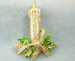 Gerry's Vintage Christmas Candle Brooch Pin Gold Plate Enamel Xmas Estate  - $14.36