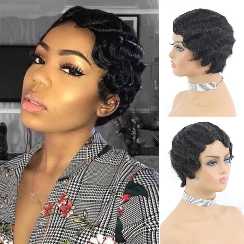 Finger Waves Short Human Hair Pixie Wigs for Women Natural Black 4 inch