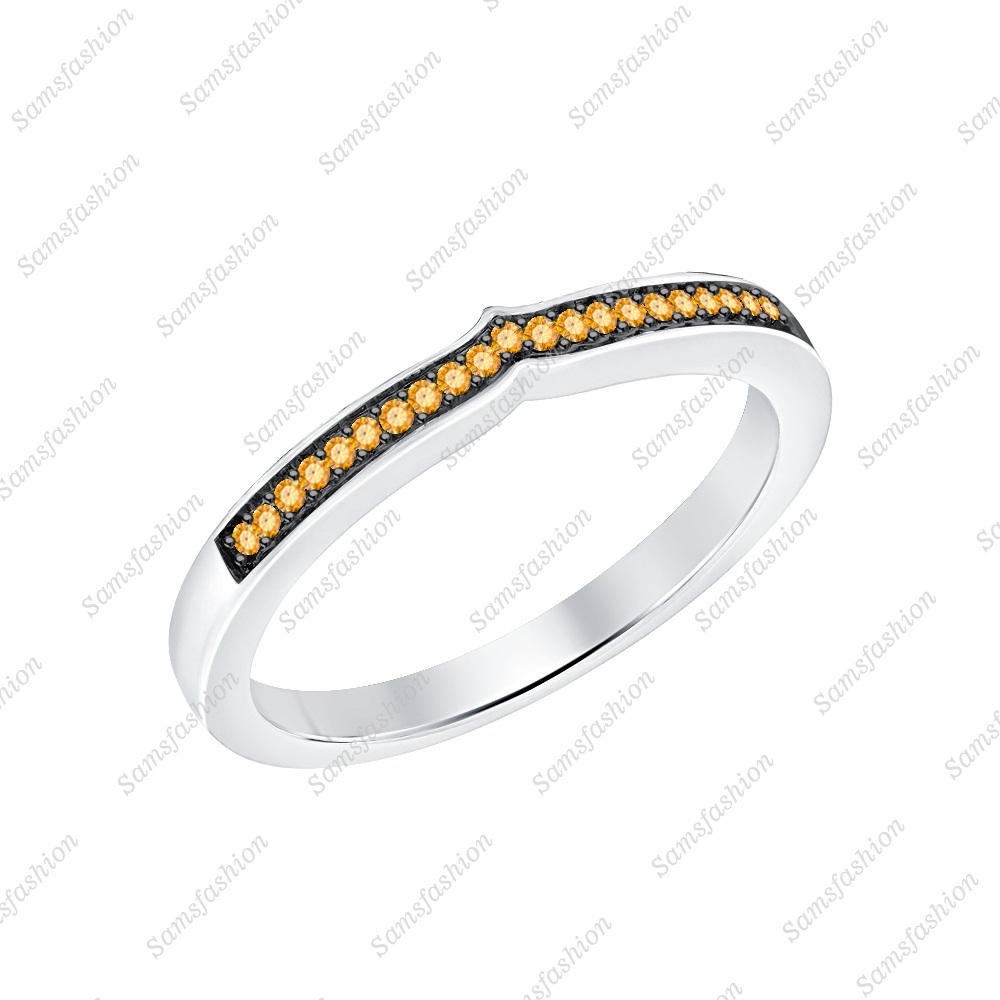 Round Cut Citrine 14k Two Tone Gold Over Curved Half Eternity Wedding Band Ring