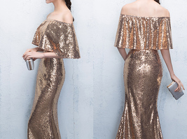 Off Shoulder Gold Sequin Dresses Long Maxi Sequined Women Evening Gown Plus Size image 2