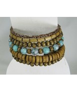 Vintage Wood Faux Turquoise Beaded Bracelet Wooden Memory Wire 48460 - £9.79 GBP