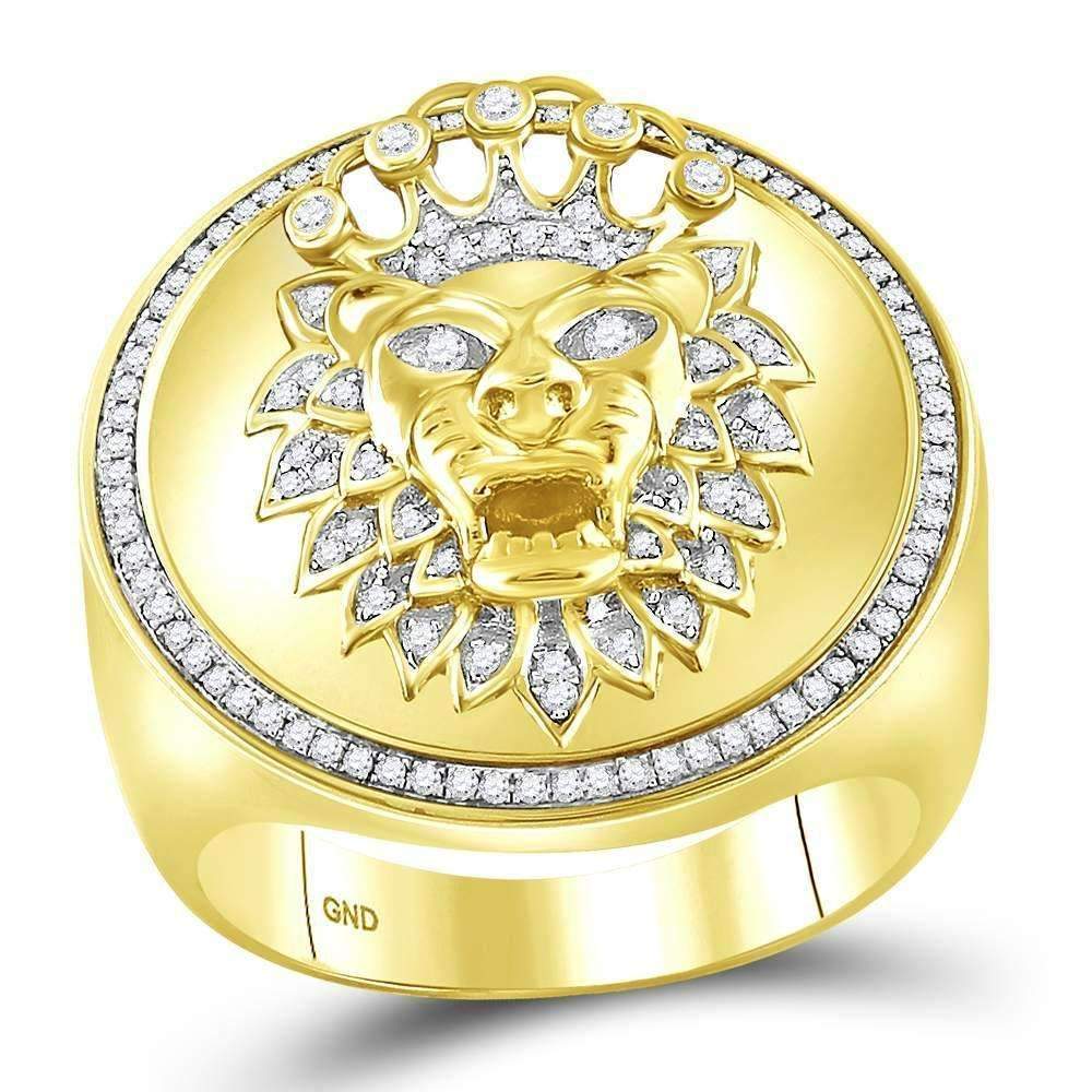 10Kt Yellow Gold Mens Diamond Lion Crown Cluster Ring 3/8 Cttw - Fine Rings