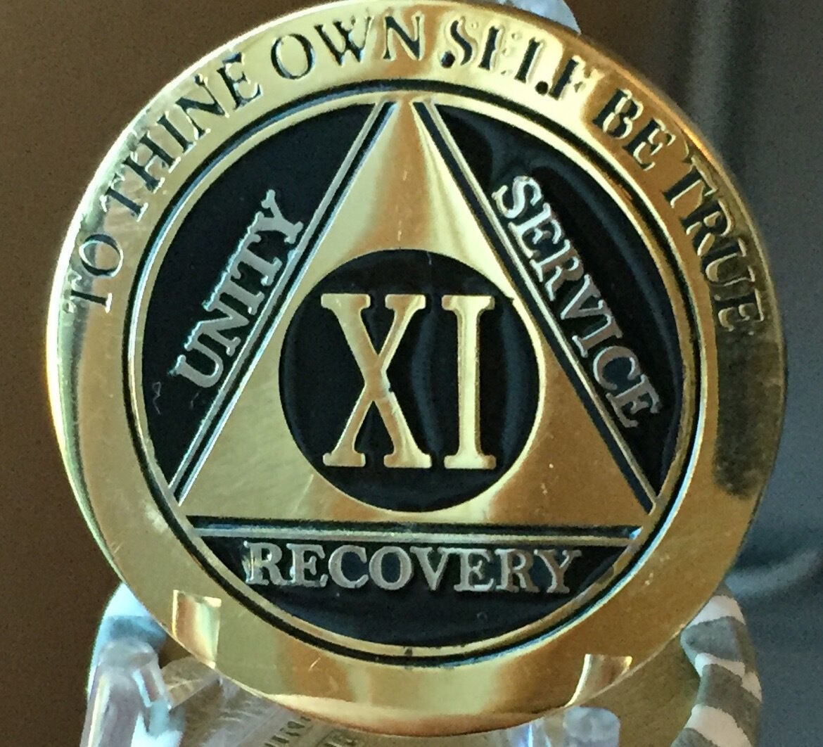 11 Year AA Medallion Black Gold Plated Bi-Plate Alcoholics Anonymous Chip Coin