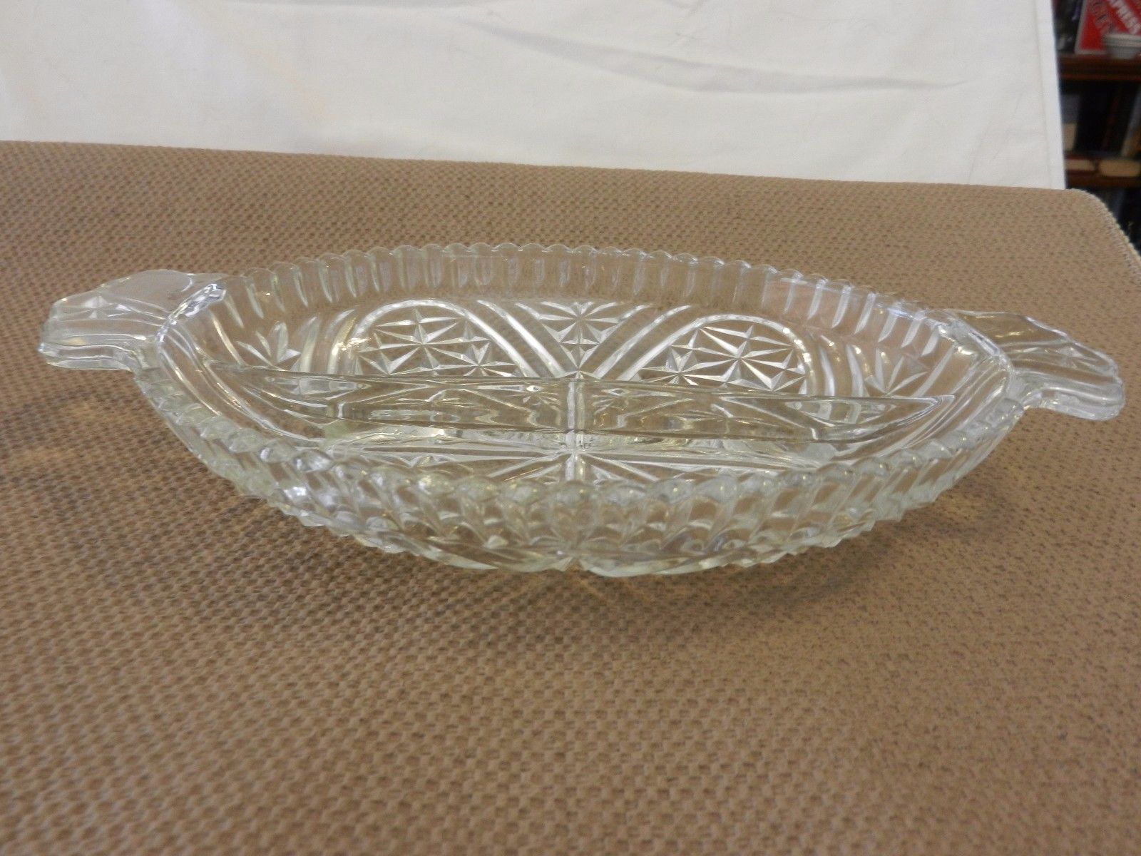 Vintage Glass Divided Relish Tray Oblong, Handles Scalloped Edges Vintage