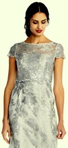 ADRIANNA PAPELL 2 Gray Metallic Lace Embroidered Column Gown Popover Bod... - $122.49