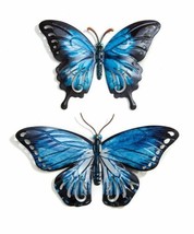 Blue Butterfly Wall Plaques Set of 2 Metal 14" & 10.5" Wide With Wing Cut Outs