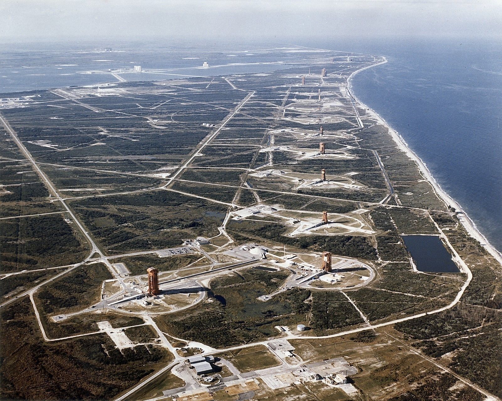 Aerial view of Cape Canaveral Missile Row launch facilities Photo Print