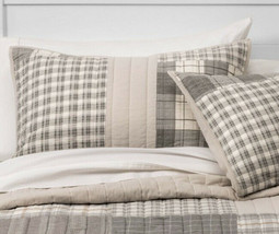 2 Threshold Flannel Patchwork Pillow Shams Gray Tan New Pair - $22.49
