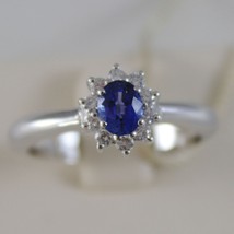 18K White Gold Flower Ring, Diamond & Oval Blue Sapphire, 0.65 Made In Italy - $1,729.78