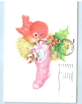 Postcard Hallmark Card Cute Pink Bird Stockings giving gifts Vintage adv... - $11.04