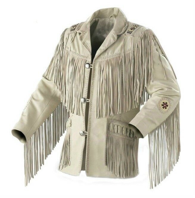Men's White Western Fringed Genuine Finished Cow Leather Beaded Patches Jacket