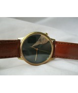 Guess Watch Gold Toned Green Round Face Brown Leather Band Unique - £54.76 GBP