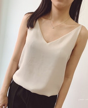 Women V Neck Beige Chiffon Tanks Tops Summer Sleeveless Chiffon Tanks US0-US12
