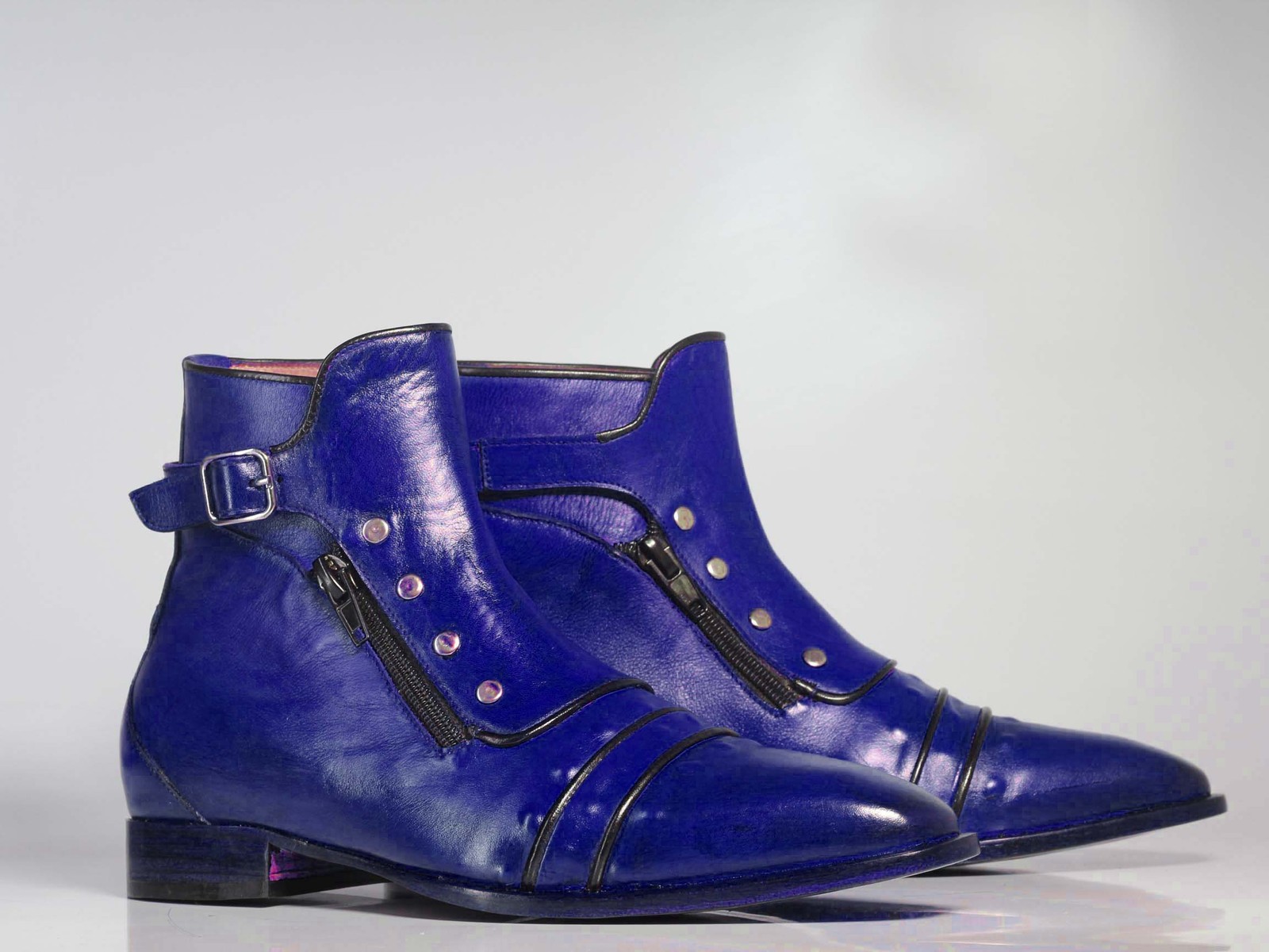 Handmade Men’s Purple Ankle High Boots, Men Cap Toe Buckle & Zipper Leather Boot
