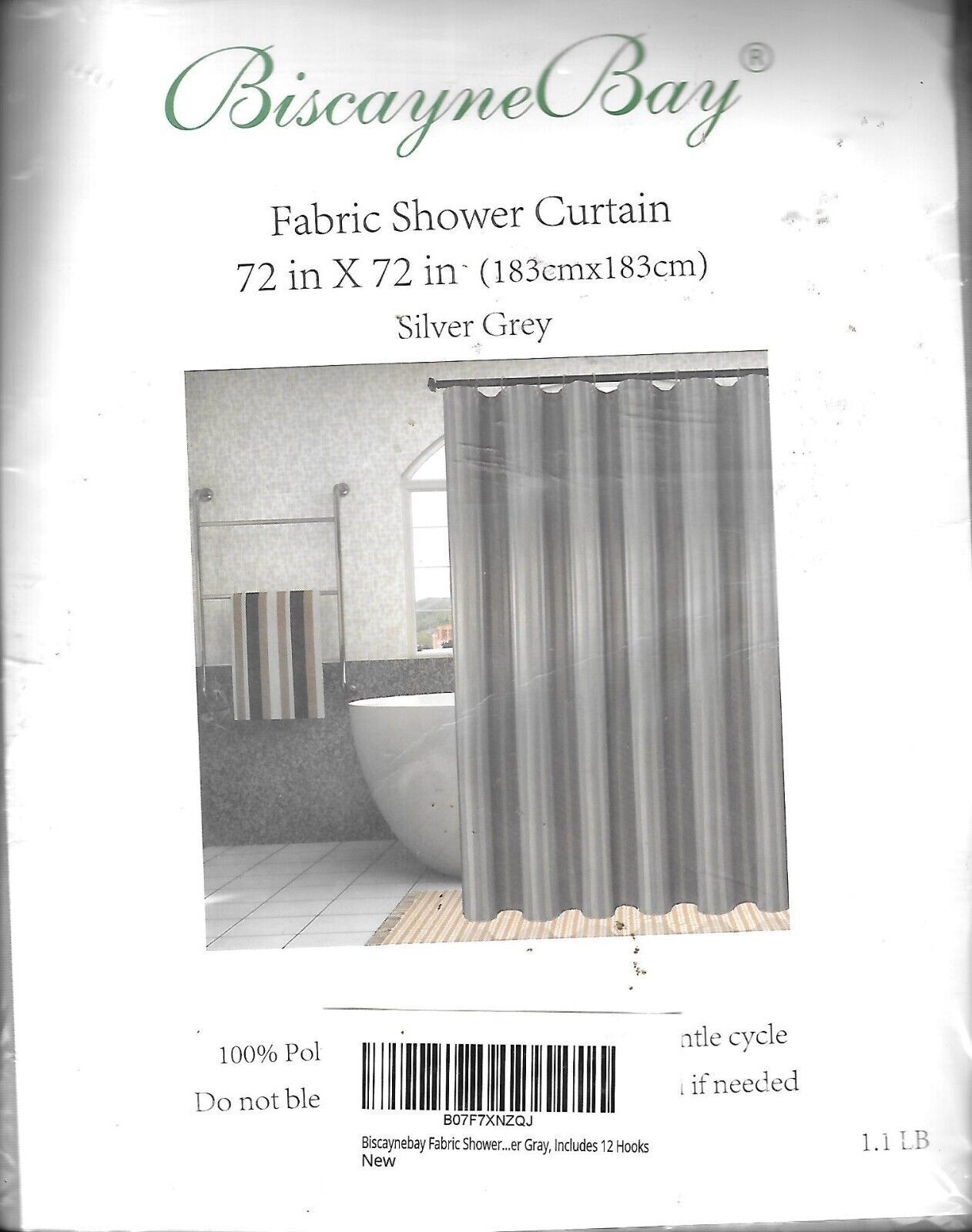 Primary image for Biscayne Bay Fabric Shower Curtain - Stripe Slver Grey w/hooksi  72" X 72"  -NIP