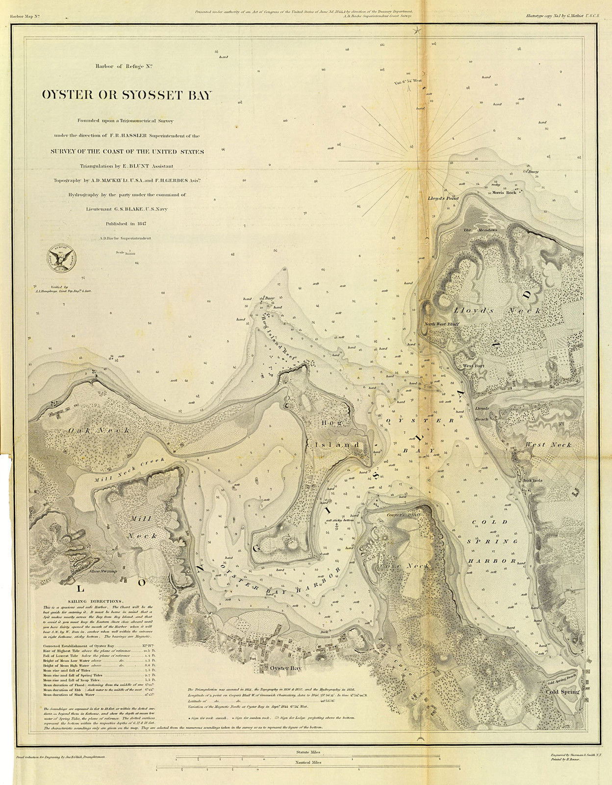 1847 Nautical Chart of Oyster or Syosset Bay Coastal Wall Map Art ...