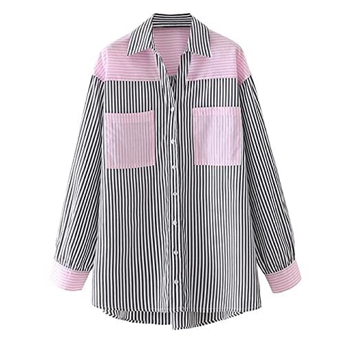 Patchwork Striped Print Casual Smock Blouse Office Ladies Pocket Design Shirt Ch