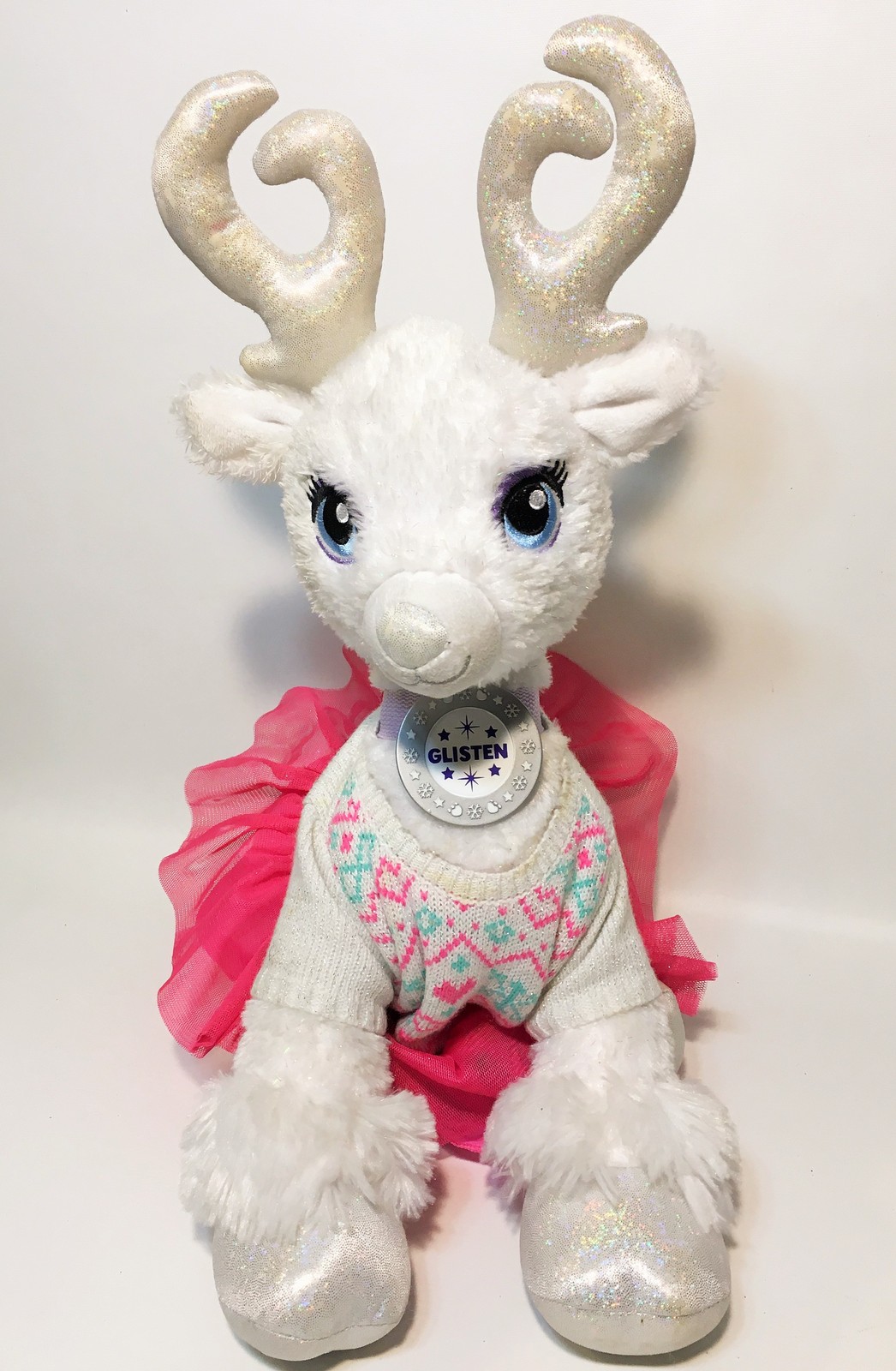 Build A Bear Glisten White Reindeer Plush Light Up Antlers Tutu Sweater