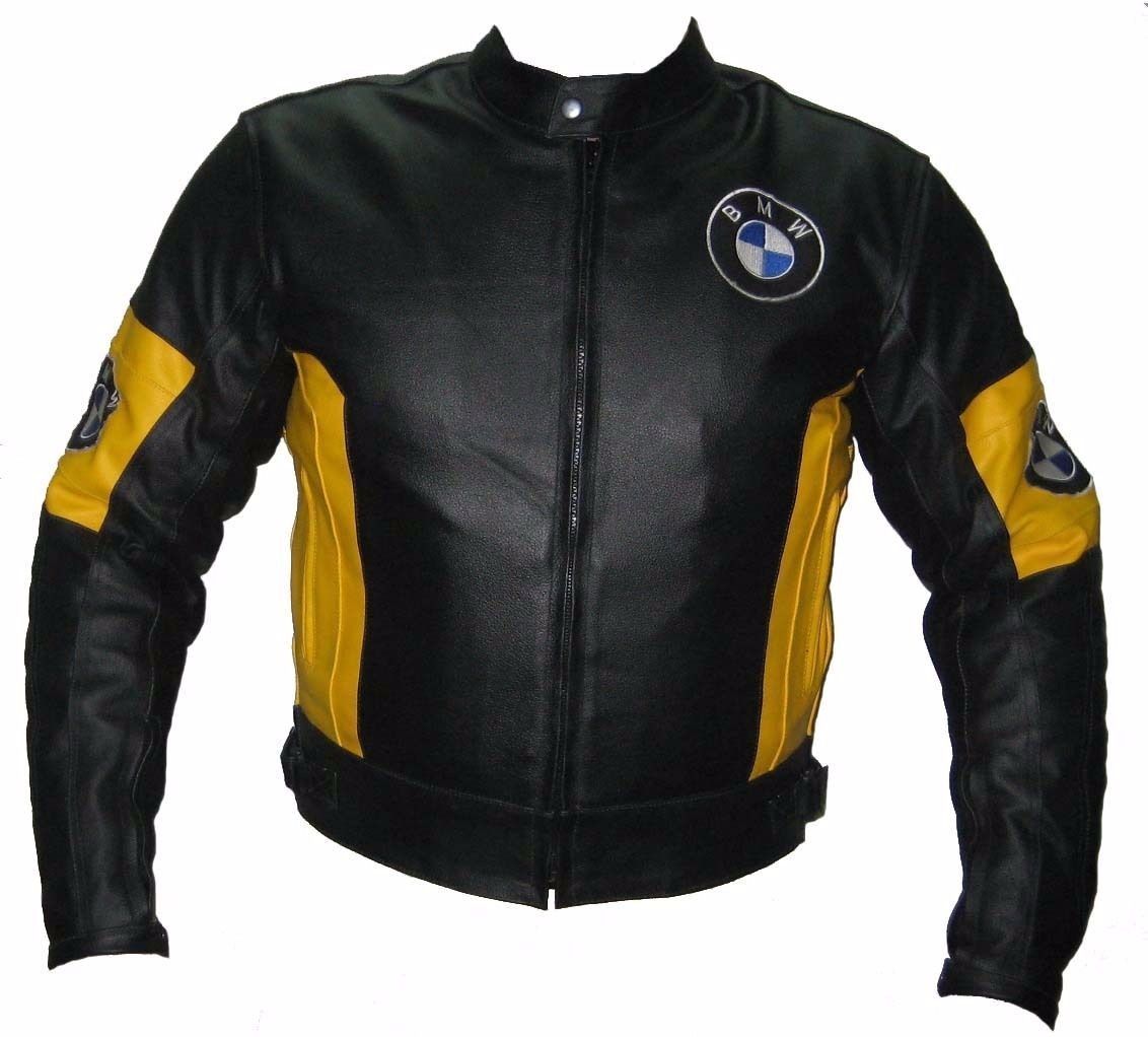 BMW BLACK YELLOW PATCH COWHIDE RACING MOTORCYCLE LEATHER JACKET WITH SAFETY PADS - Outerwear