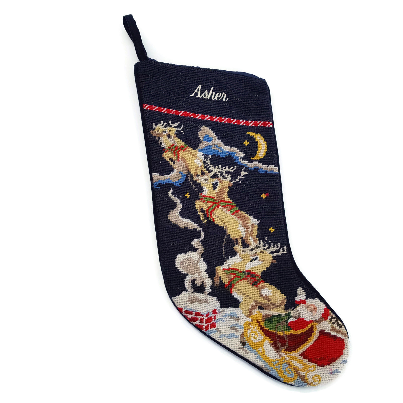 Lands End Needlepoint Christmas Stocking ASHER Monogrammed Santa Sleigh