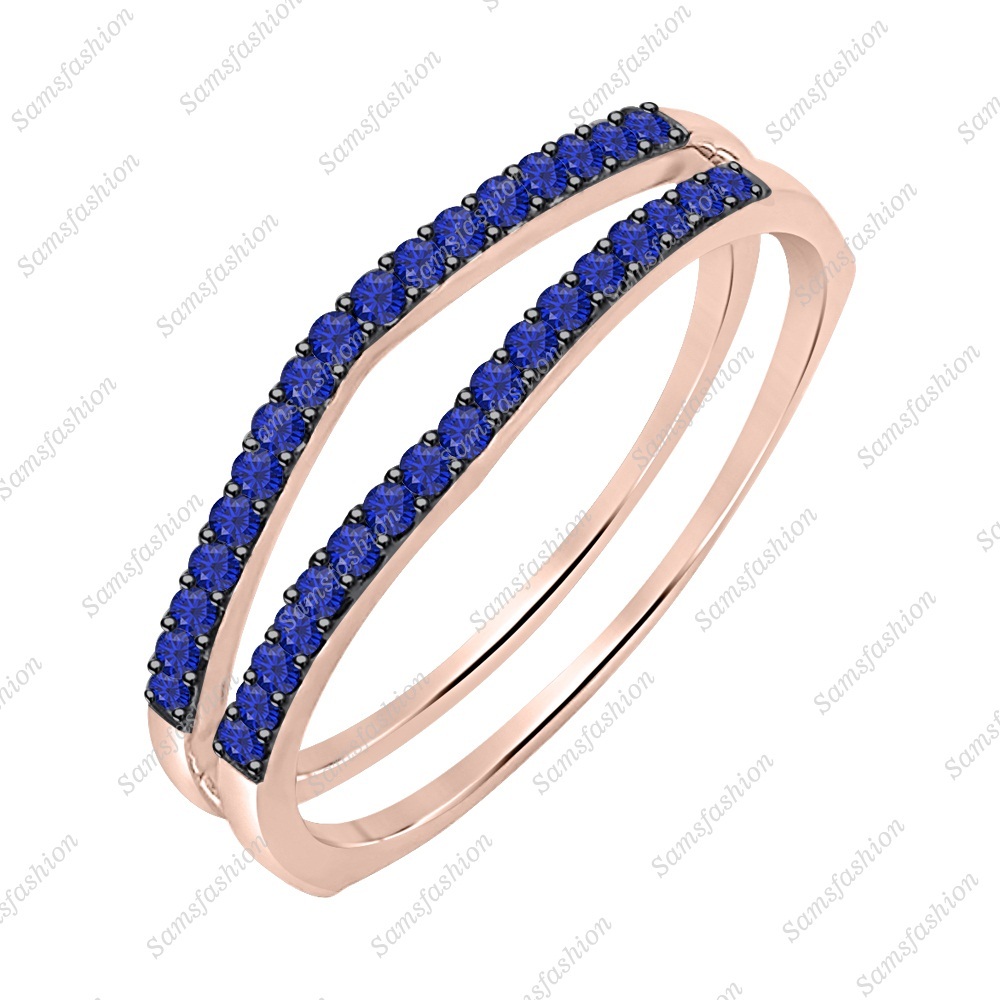 14k Rose Gold Over Blue Sapphire Guard Wrap Enhancer Engagement Band Ring Womens
