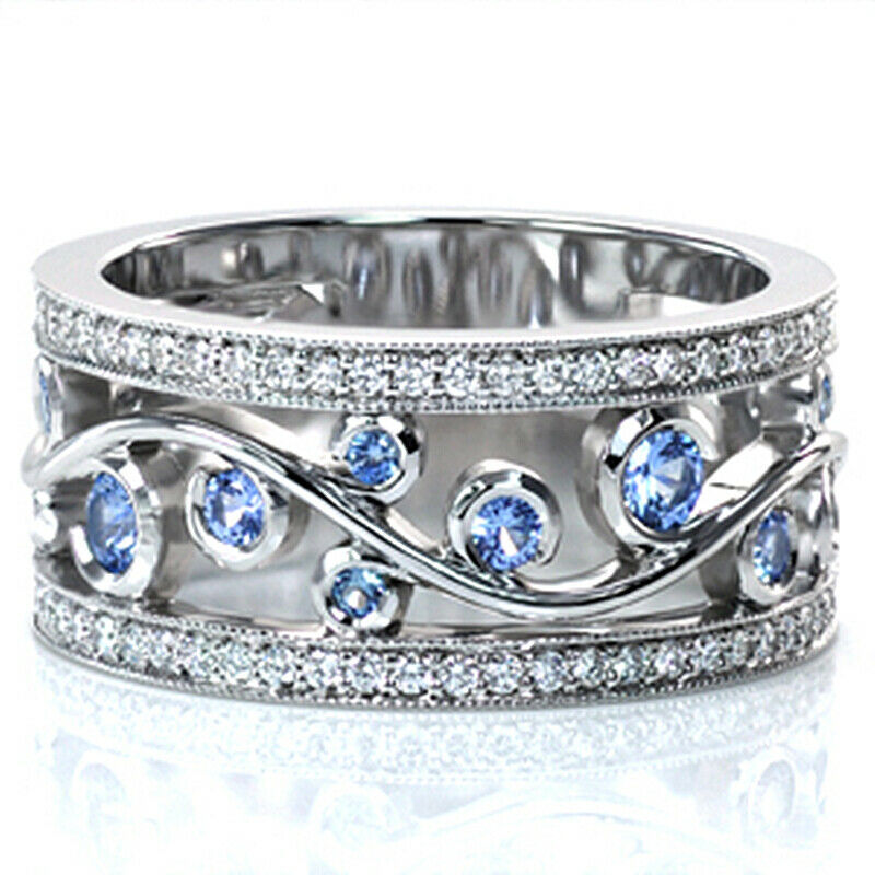 Elegant 925 Silver Wedding Rings Women Round Cut Aquamarine Rings Size 6-10