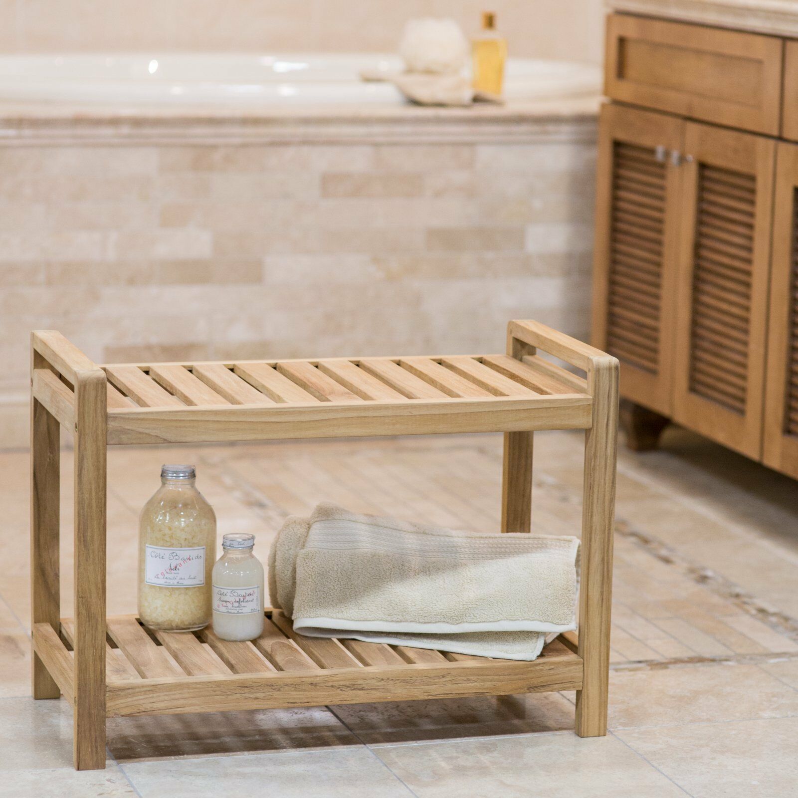 Premium Solid Teak Wood 2 Tier Shower Bench Mildew Resistant Natural