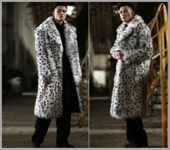 Furry Long Sleeve Wide Collar White Black Spotted Faux Leopard Long Coat Jacket  image 1