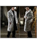 Furry Long Sleeve Wide Collar White Black Spotted Faux Leopard Long Coat... - $387.95