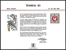 USPS PS44 Souvenir Card, Tembal83, US 20 cent Auboduban & Swiss stamps 1983 - $4.99