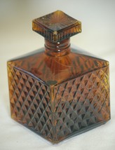 Amber Decanter Diamond Point Square Glass Stopper Vintage Barware - $24.74