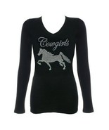Womens Ladies Long Sleeve Black Clear Rhinestone Horse Cowgirls Bling T-... - $29.95