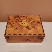 Small Wooden Inlaid Box, Hinged Wood Trinket Box, Maple Burl Inlay Flowers