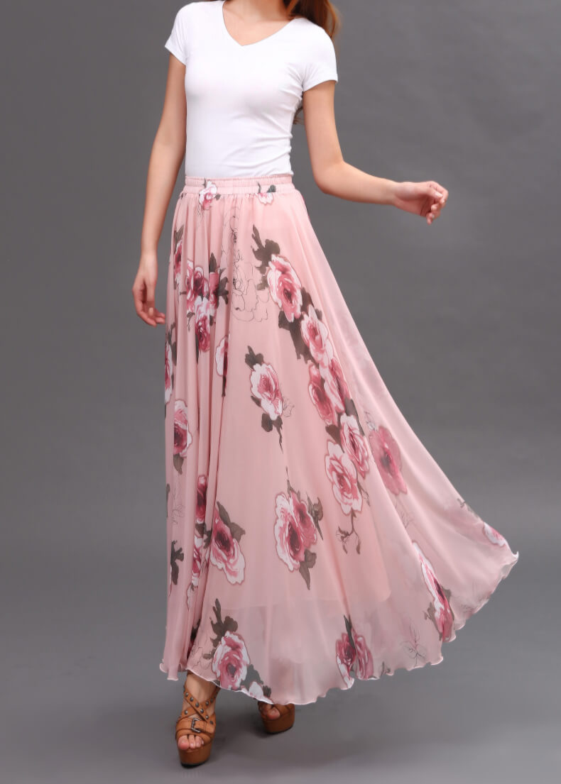 Women Pink FLORAL Chiffon Long Skirt A-line Flower Long Chiffon Skirt ...