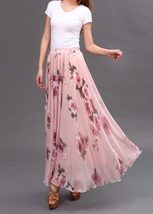 Women Pink FLORAL Chiffon Long Skirt A-line Flower Long Chiffon Skirt Summer  image 2