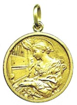 SOLID 18K YELLOW GOLD ROUND MEDAL, SAINT CECILIA, PATRONESS OF MUSICIANS 17mm image 1