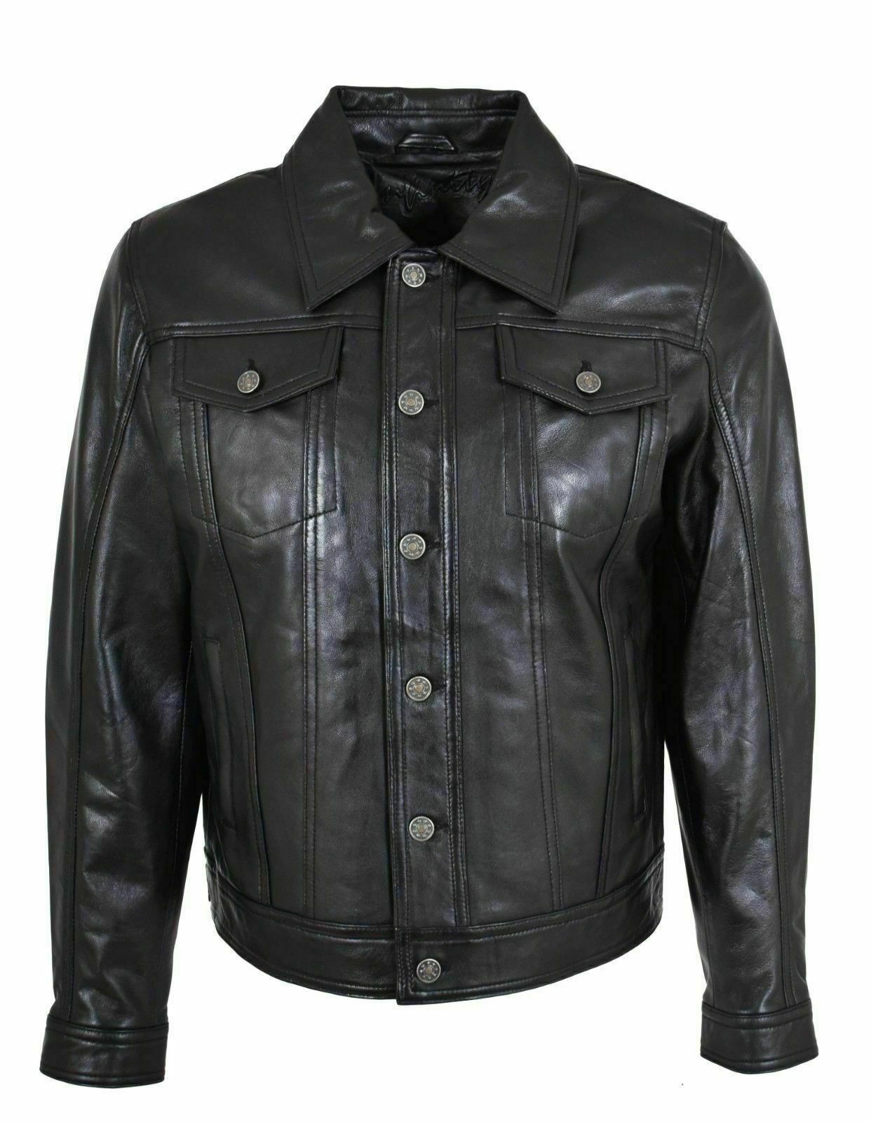 Mens Genuine Leather Trucker Jacket American Western Denim Levis Style ...