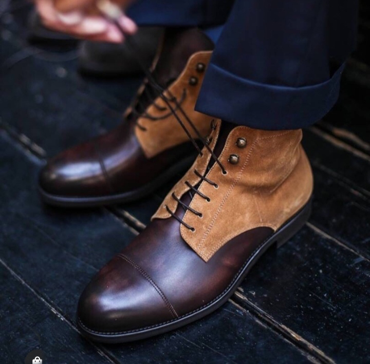 High Ankle Tan Maroon Two Tone Superior Leather Men Lace Up Cap Toe Boots
