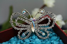 Silvery Tone Aurora Borealis Crystal Rhinestone Hollow Out Butterfly Bro... - $19.95