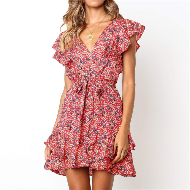 Summer Mini Dresses Sale Floral Print Sexy V-Neck Elegant Ruffles A ...