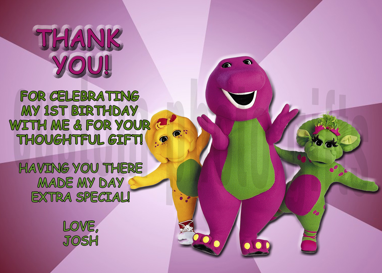 Personalized Barney Birthday Thank You Card Digital File, You Print.