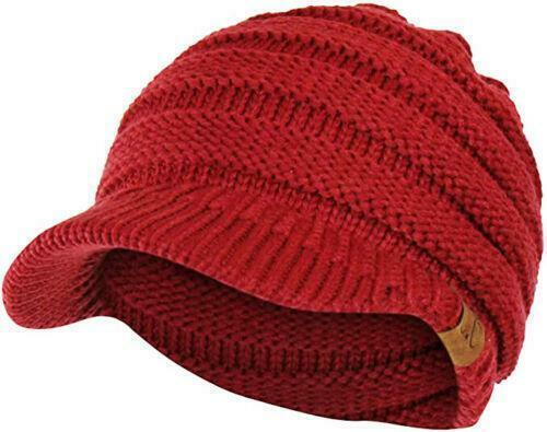 C.C Brand Brim Visor Trim Ponytail Beanie Ski Hat Knitted Bun Cap - Wine Red