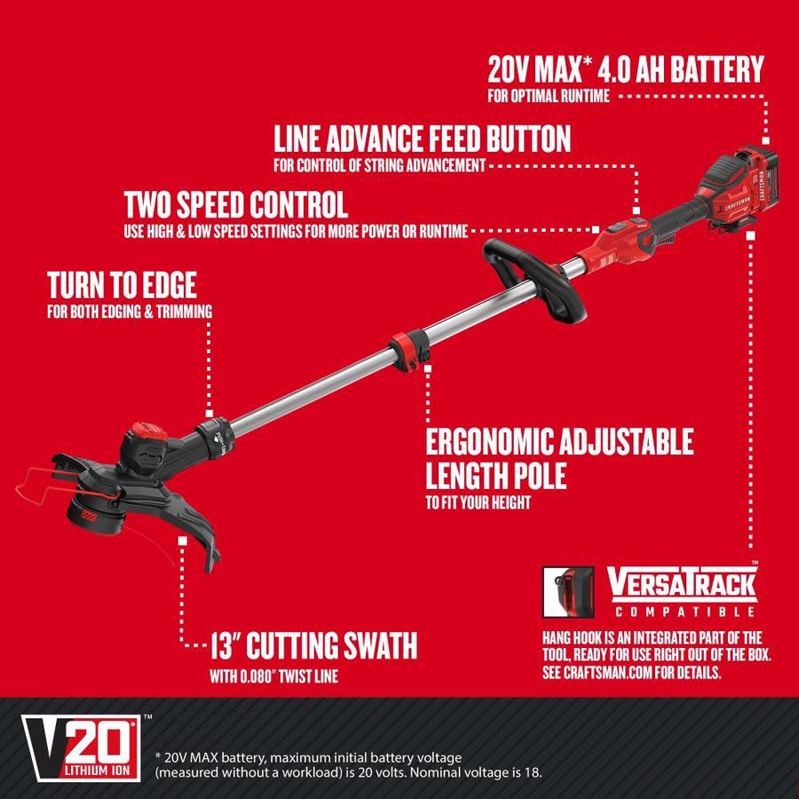 CRAFTSMAN V20 20-Volt Max 13-in Straight Cordless String Trimmer with ...